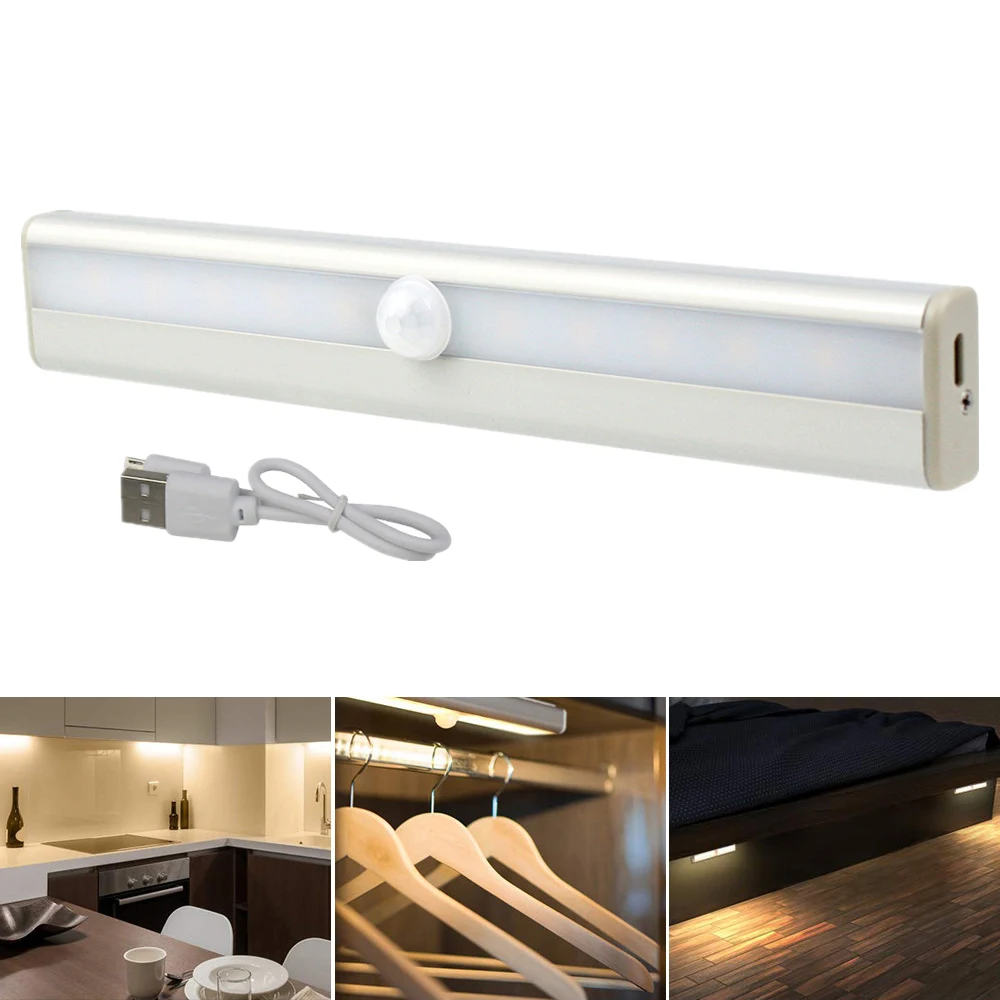 10LEDs אלחוטית חיישן תנועת PIR Led אור Cabinet נטענת USB / סוללה אינפרא אדום אינדוקציה המנורה בחדר השינה מנורת לילה התמונה 0
