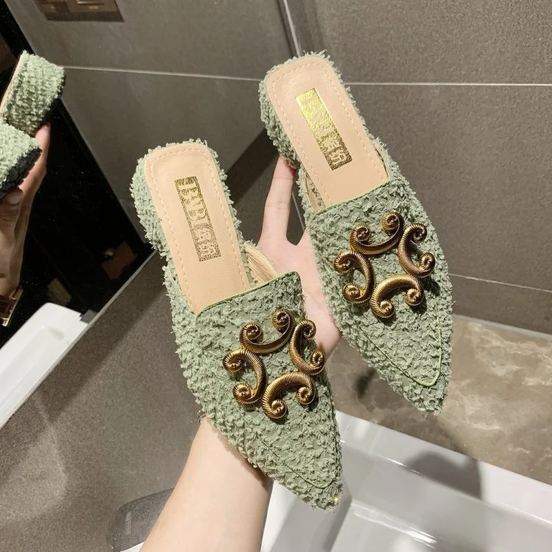 Miaoguan חורף חדש נקי גבירותיי נעלי הפרווה המזויפת פרדות שקופיות נעלי נשים הקשת קשר מחודד בוהן מרובע באמצע עקבים הנעל אישה התמונה 0