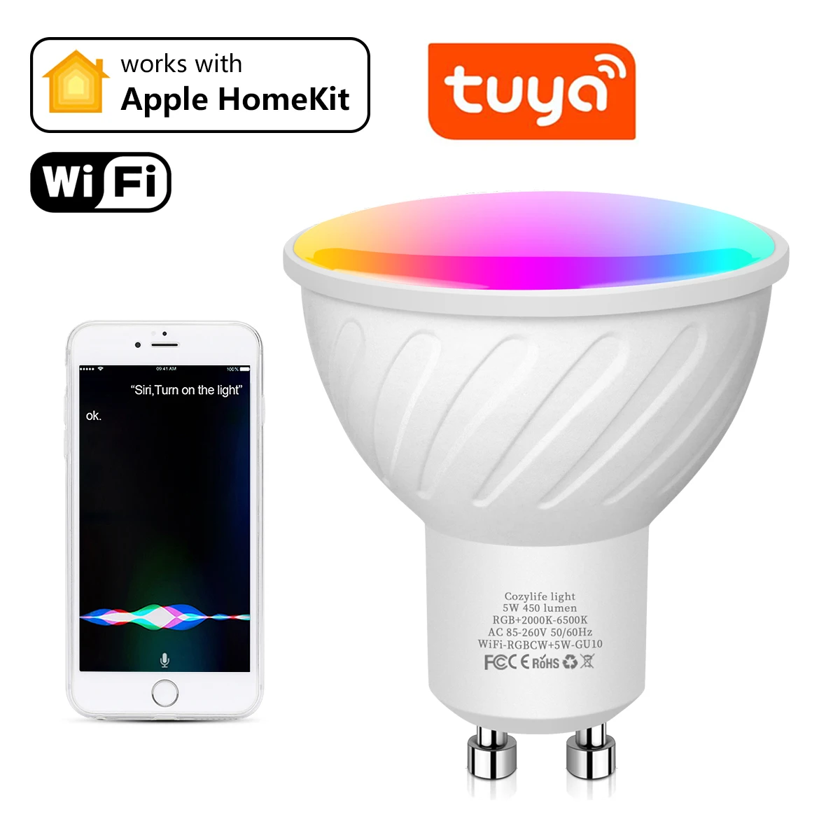 Homekit GU10 WiFi חכם זרקור LED הנורה RGBCW עבור אפל הביתה MFI מוסמך אלקסה הבית של Google，Tuya חכם החיים מנורת LED התמונה 0