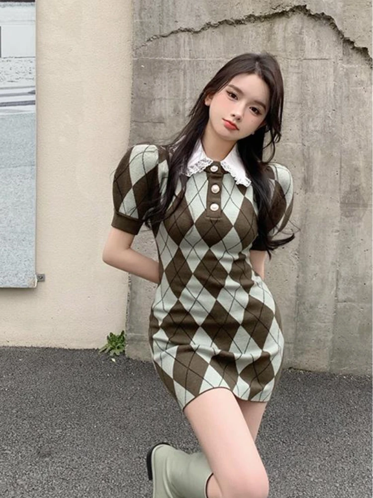 ארגל סרוגים שרוול קצר שמלות נשים רזות הקיץ להתאים אביזרי קוריאני סגנון סקסי חמוד חם מכירה אסתטי, אלגנטי Harajuku תחרה התמונה 1