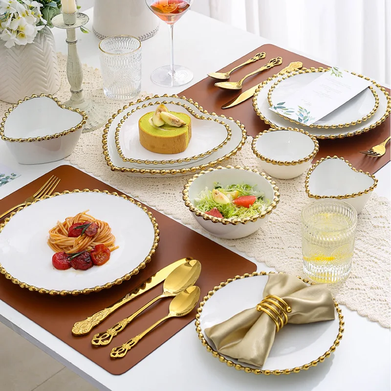 יוקרה קרמיקה כלי עגול בצורת לב בצלחת צלחות לבן קערות עם זהב רים המשפחה משק הבית כלי שולחן התמונה 2
