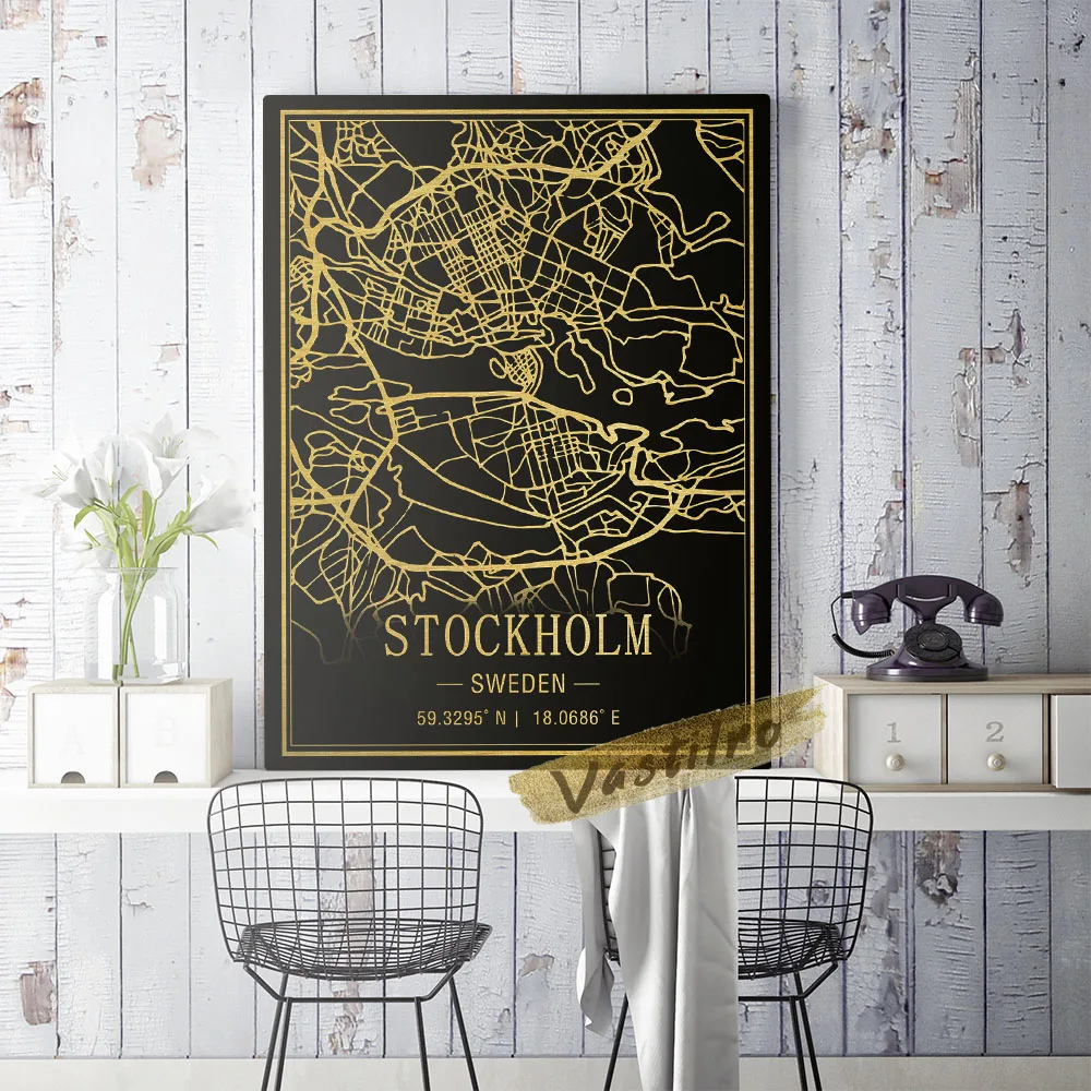 שבדיה סטוקהולם ציור קו המפה אמנות הקיר הדפסי בד ציור מודרני מינימליסטי רקע כהה יצירתי הפוסטר עיצוב הבית התמונה 2