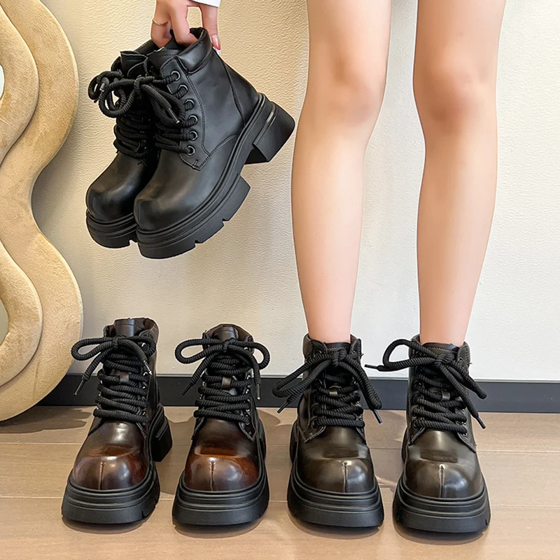 לבן מגפי קרסול עגול הבוהן רוק נעלי אישה חורף נעלי העקב שטוח מגפי נשים נמוך בנות לוליטה 2023 גומי העקב גבוה התמונה 2