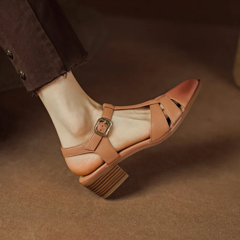 גבוהים העקב עבה נעלי העקבים נשים סנדלים משרד גבירותיי מסיבת Slingbacks משאבות חלול עור אמיתי נעלי אישה 2023 אופנה הקיץ התמונה 3