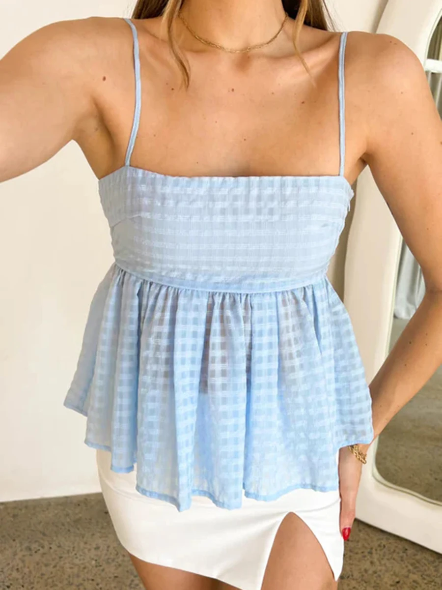 מסוגנן Cami חולצות ללא שרוולים לנשים - צוואר מרובע רצועות ספגטי הקיץ גופיות עם קלע צים, חיתוך עיצוב התמונה 3