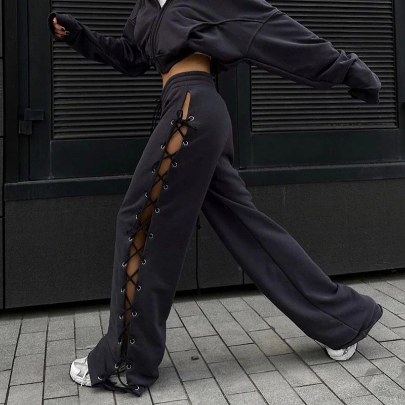 נשים גבוה מותן רחבה הרגל המכנסיים בציר חלול החוצה תחרה מקרית מכנסי באגי 2023 הקיץ Harajuku פיות גראנג ' בגדים התמונה 4