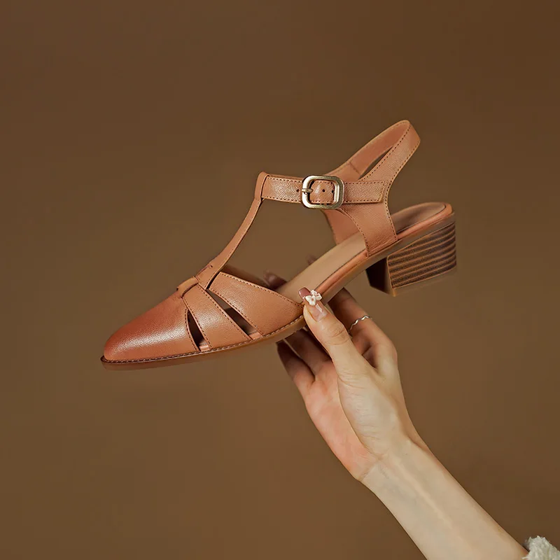 גבוהים העקב עבה נעלי העקבים נשים סנדלים משרד גבירותיי מסיבת Slingbacks משאבות חלול עור אמיתי נעלי אישה 2023 אופנה הקיץ התמונה 5