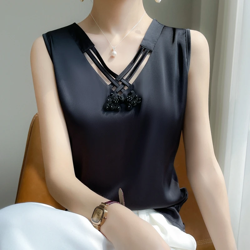 ZYCZCXX סאטן חלקה של נשים פיג ' מה אופנה הקיץ בסגנון סיני לחצות V-צוואר בלי שרוולים האפוד Suspender החליפה בתוך התאמת.. התמונה 5